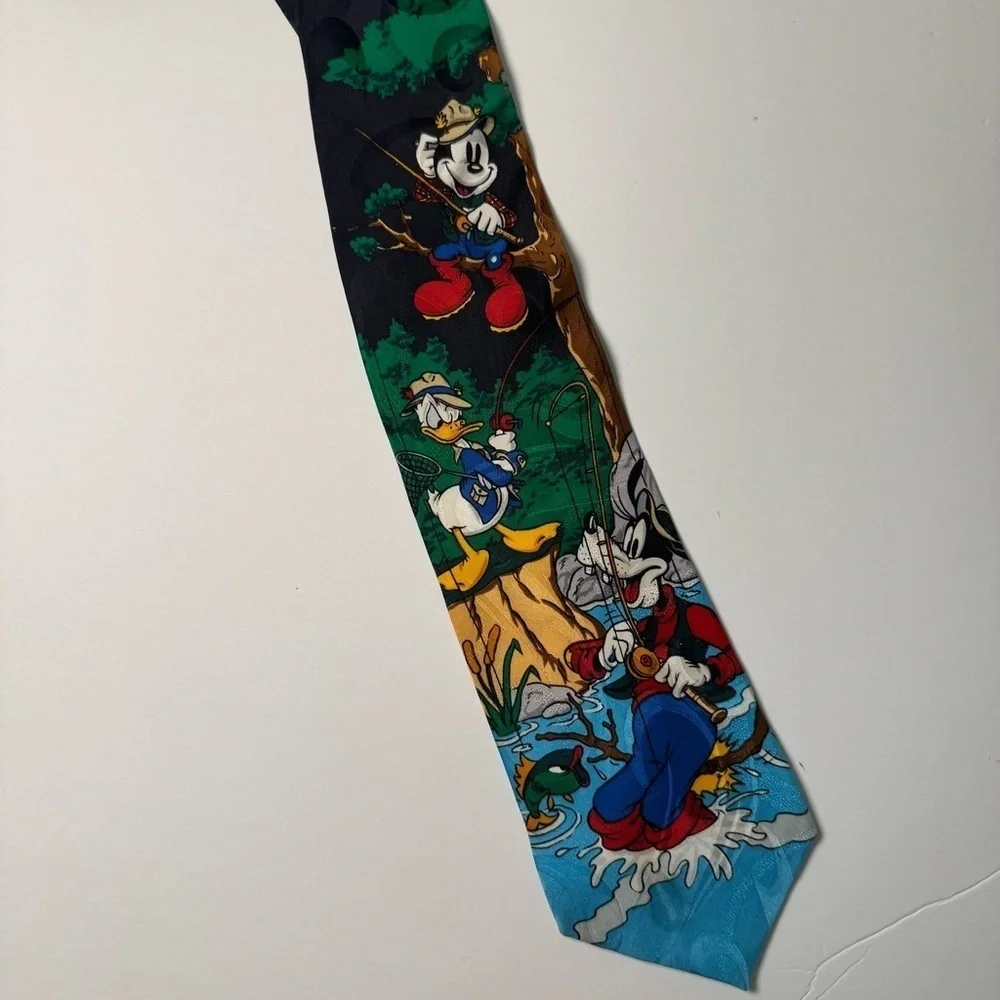 Disney Vintage Neck Tie Featuring Mickey Mouse, Donald Duck, & Goofy Fishing